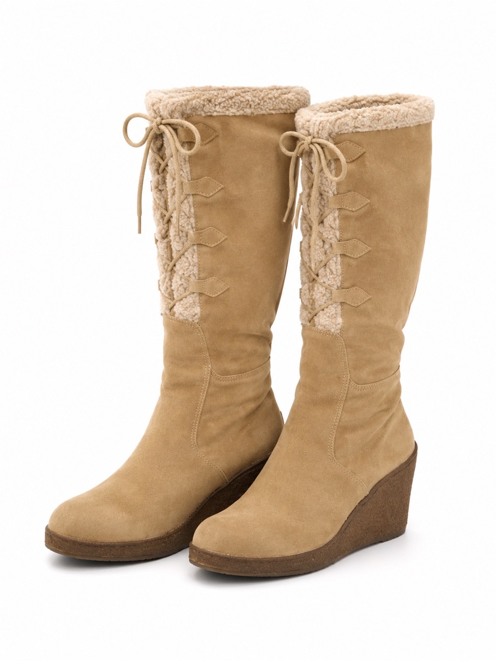 Steve Madden Tan Lace-Up Suede Leather Knee High Wedge Boots Women’s Size 10M